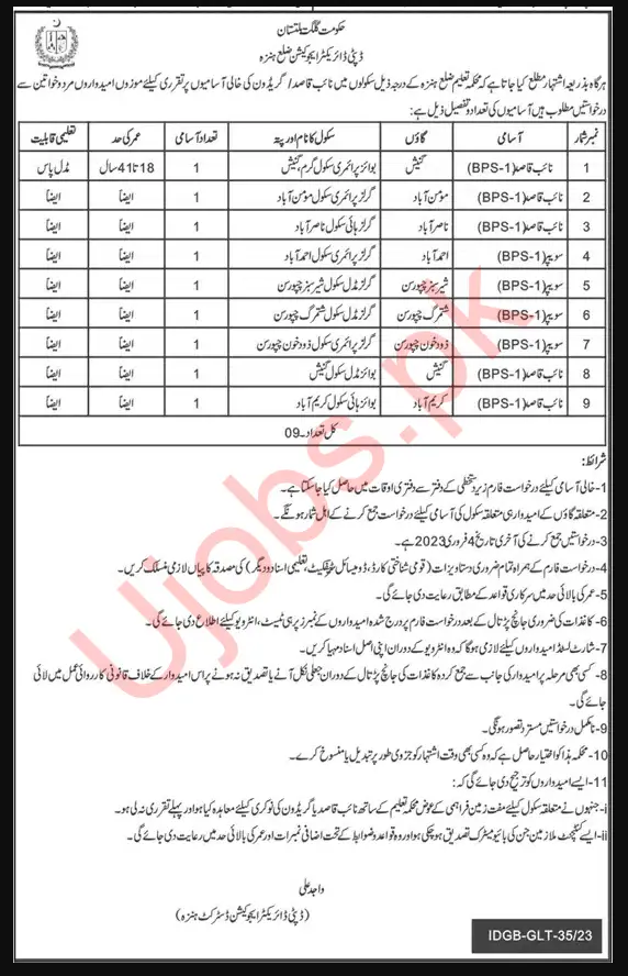 District Education Department Hunza Jobs 2023 - Official Advertisements