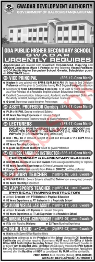 GDA Public Higher Secondary School Gwadar Jobs 2023 Advertisement 