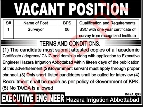 Hazara Irrigation Abbottabad January Jobs 2023 For Surveyor Advertisement