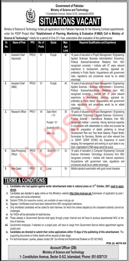 Ministry of Science and Technology MOST Jobs 2023 - Official Advertisements