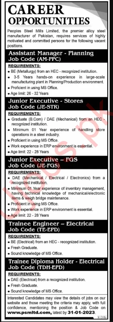 Pakistan Steel Mills Limited Karachi Jobs January 2023 Advertisement