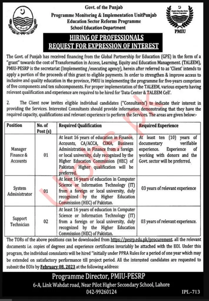 Program Monitoring and Implementation Unit Lahore Jobs 2023