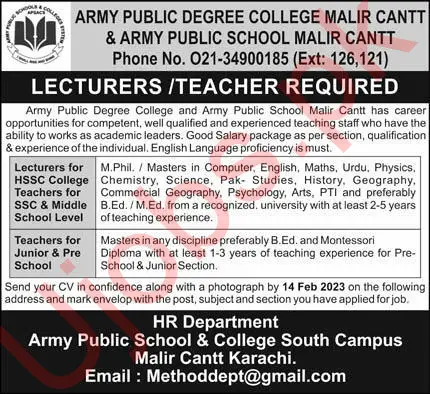 Army Public Degree College Malir Cantt Karachi Jobs 2023 Advertisements
