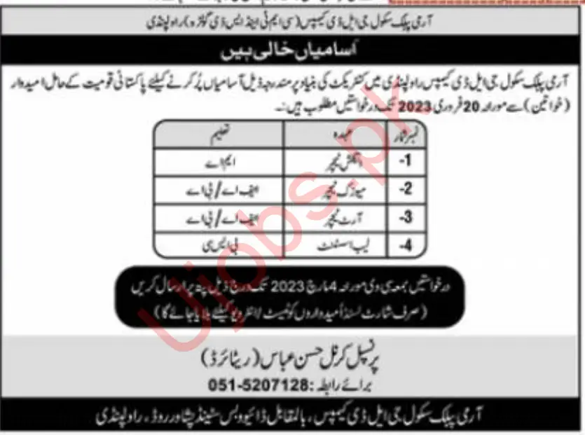 Army Public School Rawalpindi Jobs February 2023