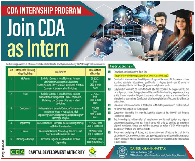 Capital Development Authority CDA Internship 2023 - Official Advertisements