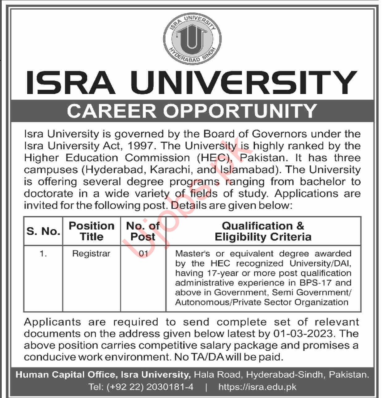 ISRA University Jobs 2023 Advertisements