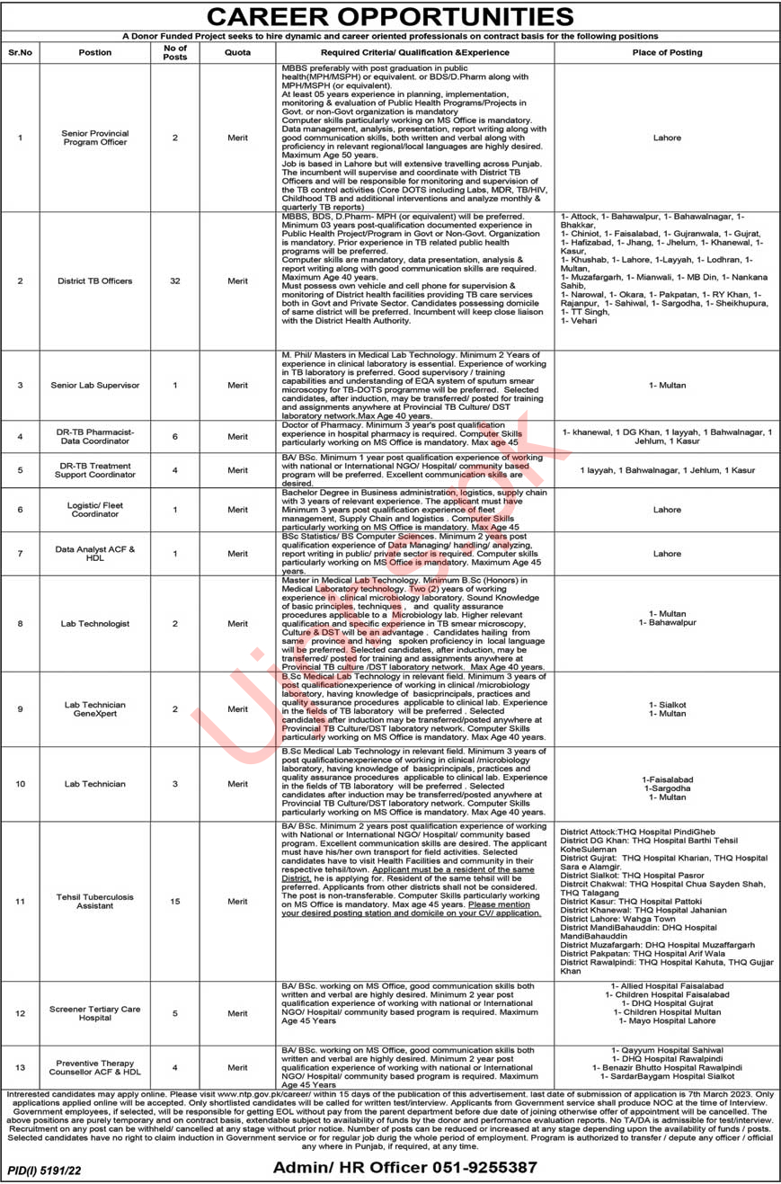 Join National TB Control Program NTP Jobs 2023 Official Advertisements