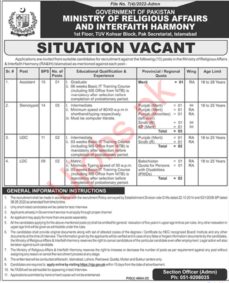 Ministry of Religious Affairs & Interfaith Harmony Jobs 2023 - Official Advertisements