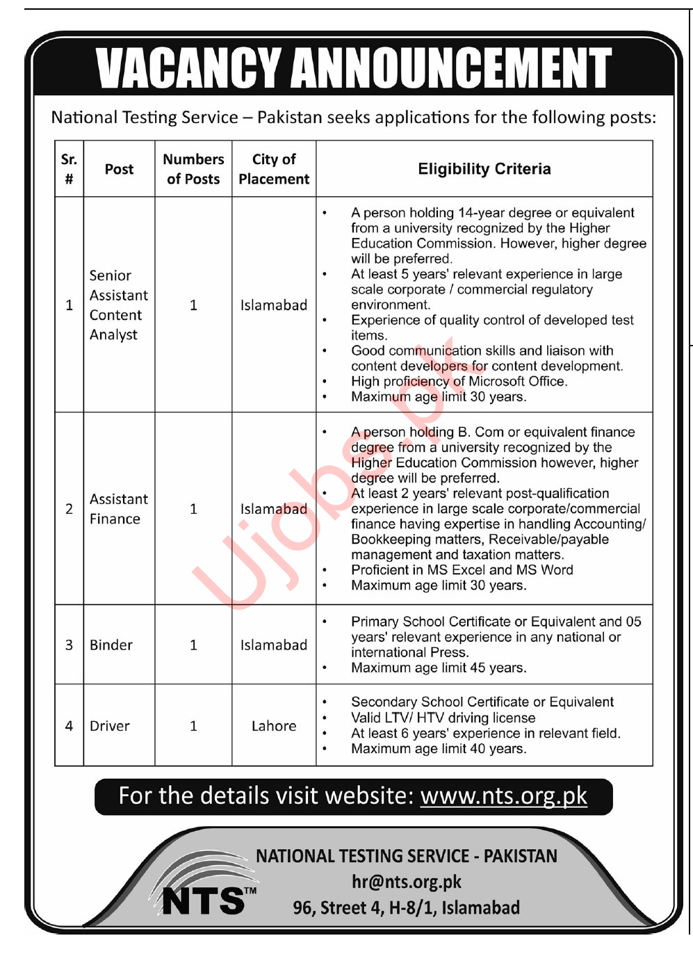 NTS jobs 2023 - National Testing Service Jobs Announcements