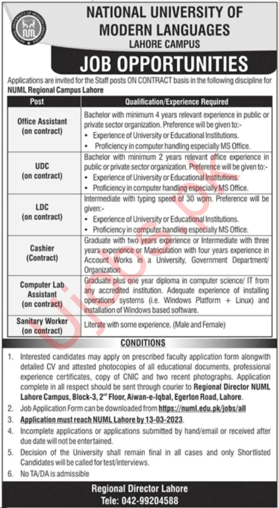 NUML Lahore Jobs 2023 – National University of Modern Languages