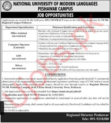 NUML Peshawar Jobs 2023 – National University of Modern Languages