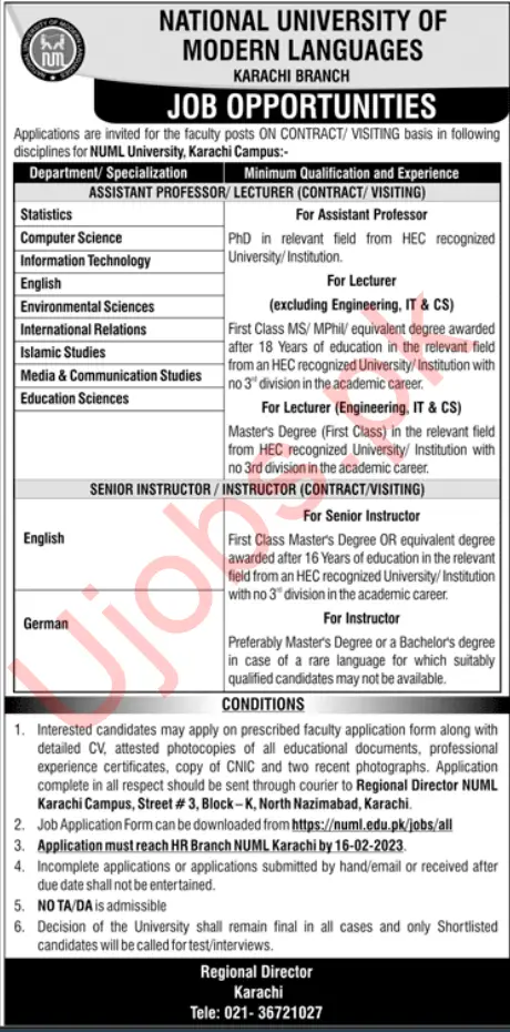NUML Regional Campus Karachi Jobs 2023 Advertisements