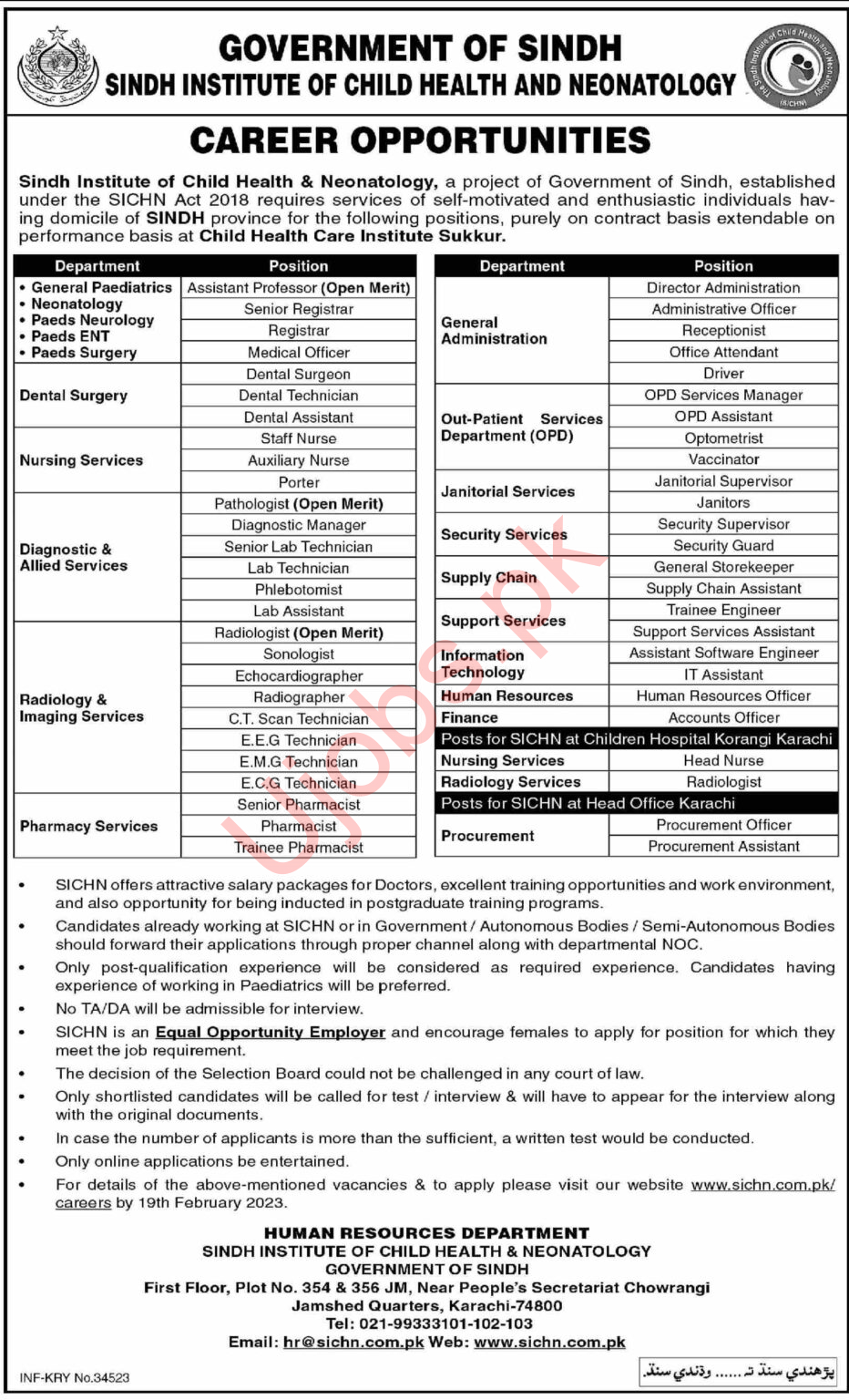 Sindh Institute of Child Health and Neonatology Sindh Jobs 2023