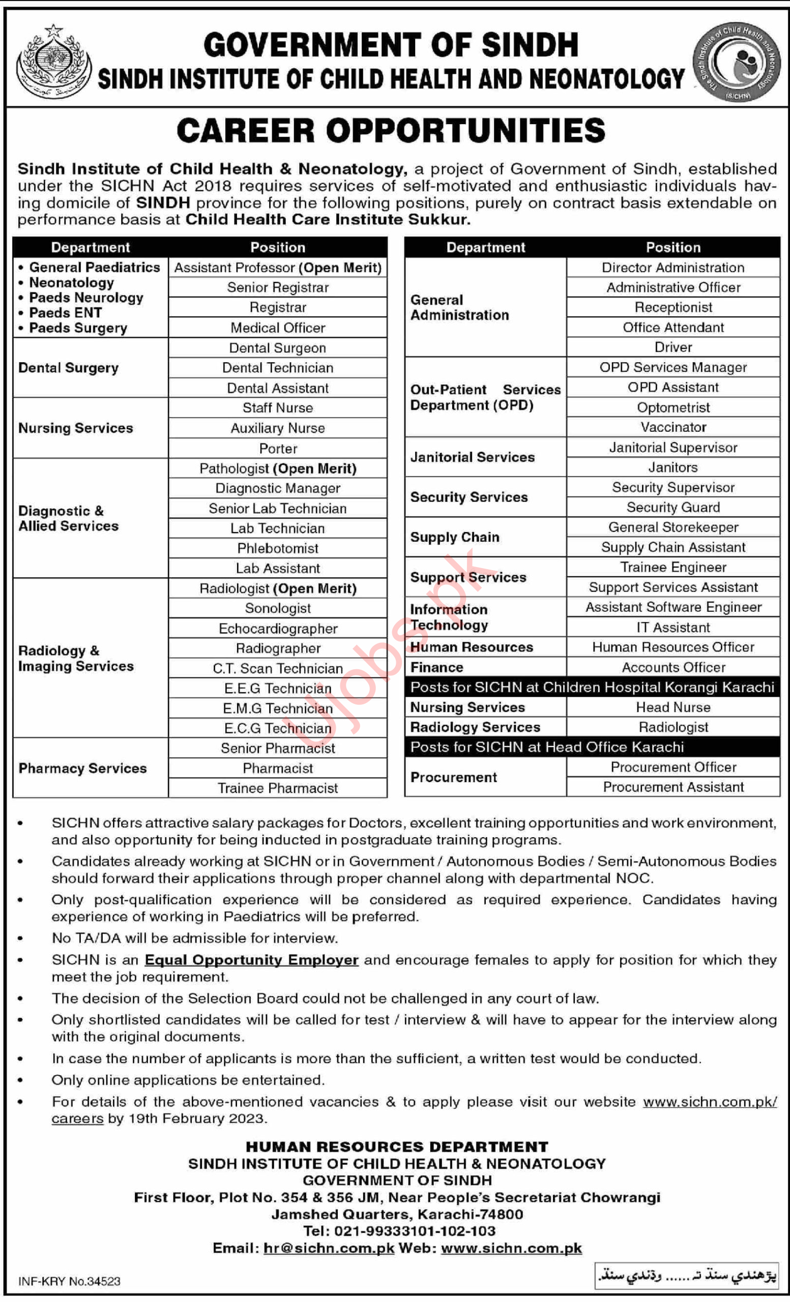 Sindh Institute of Child Health and Neonatology Sindh Jobs 2023 Advertisements