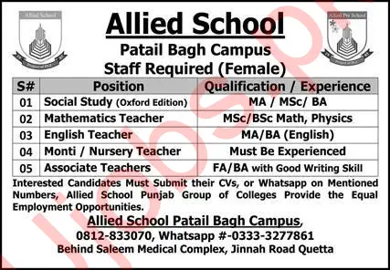 Teaching Jobs in Quetta 2023 At Allied School - Job Advertisements
