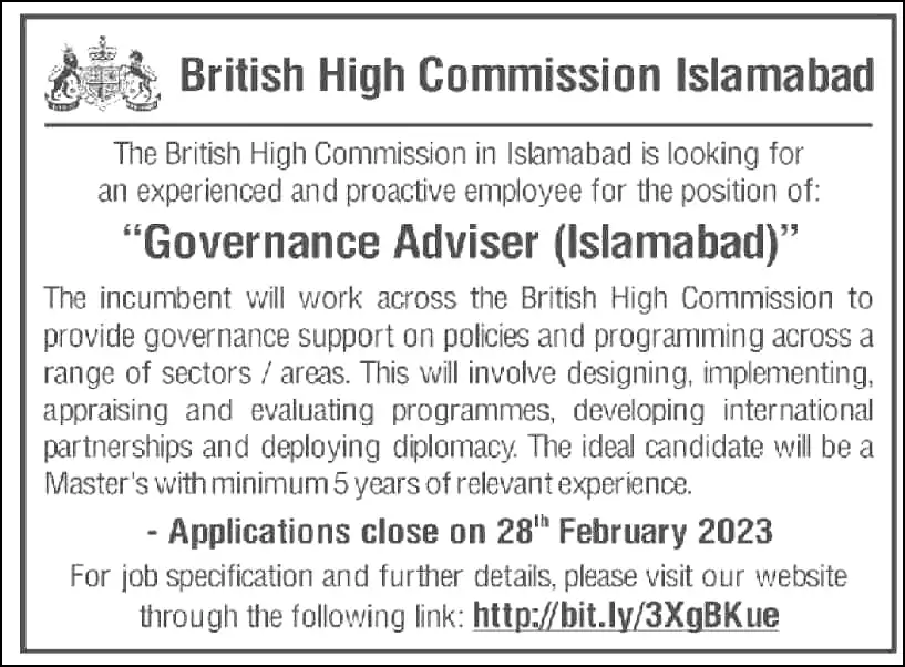 The British Deputy High Commission Islamabad Jobs February 2023 Advertisements