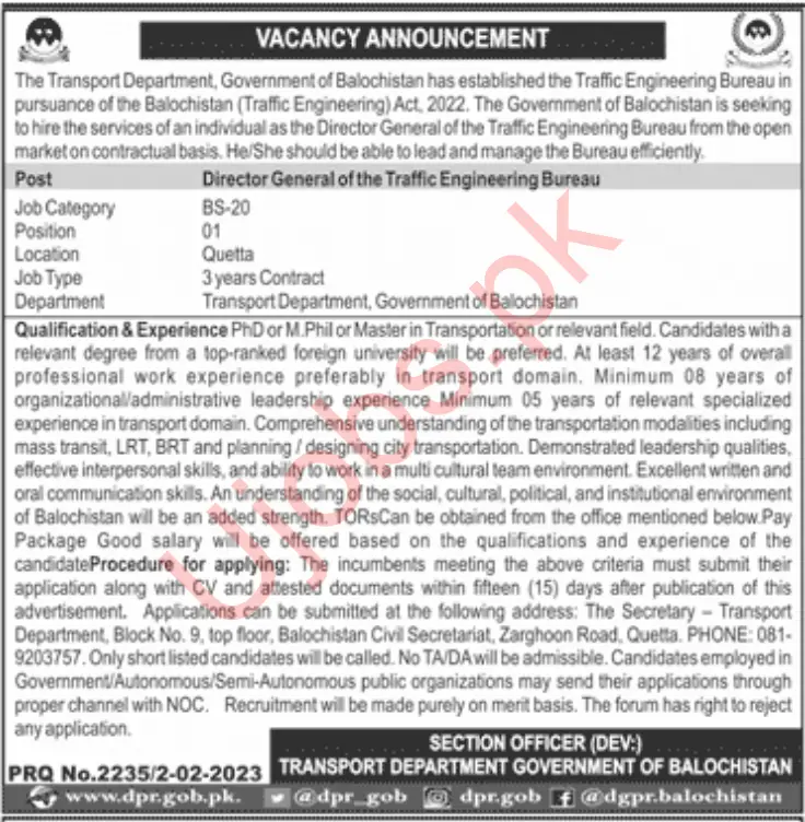 Transport Department Quetta Jobs 2023 - AD Advertisements
