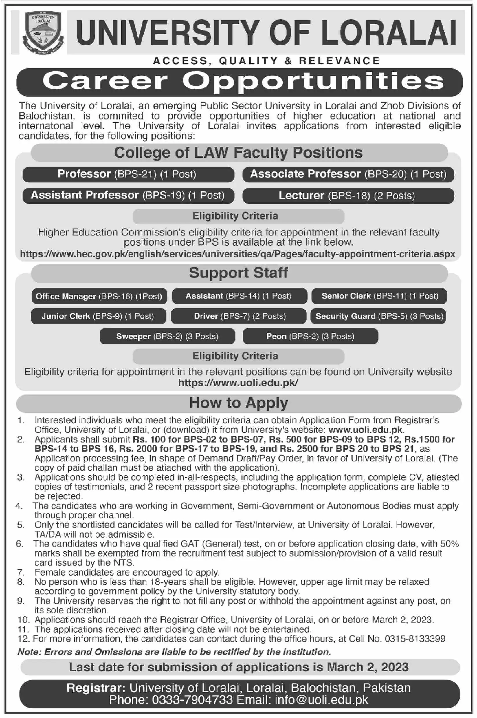 University of Loralai Jobs 2023 - Job Advertisements