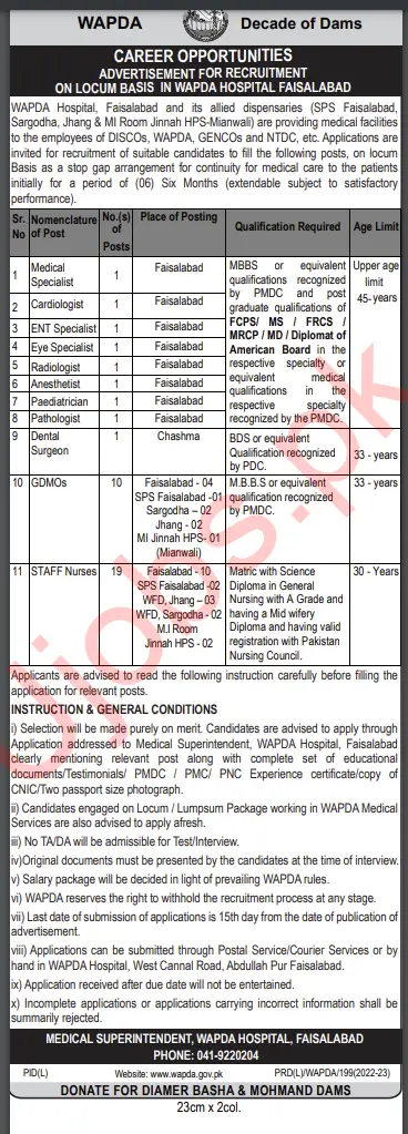 Wapda Hospital Faisalabad jobs 2023