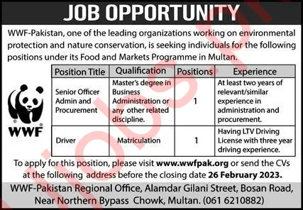 WWF Pakistan Multan Jobs February 2023 Advertisement