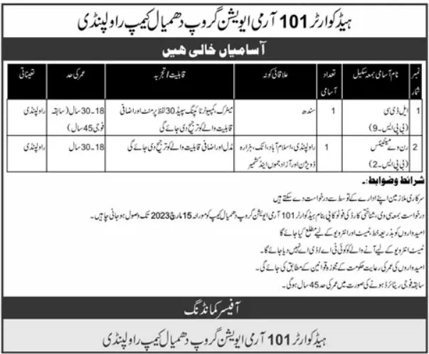 Join Pak Army 101 Army Aviation Head Quarter Civilian Jobs 2023 - Officer Advertisements