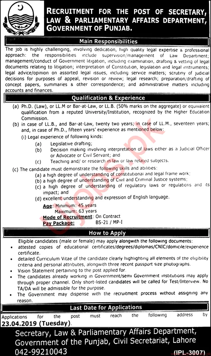 Law and Parliamentary Affairs Department Punjab Jobs 2023 - Latest Advertisements