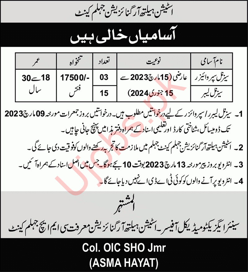 Station Health Organization Jhelum jobs 2023 - Official Advertisements
