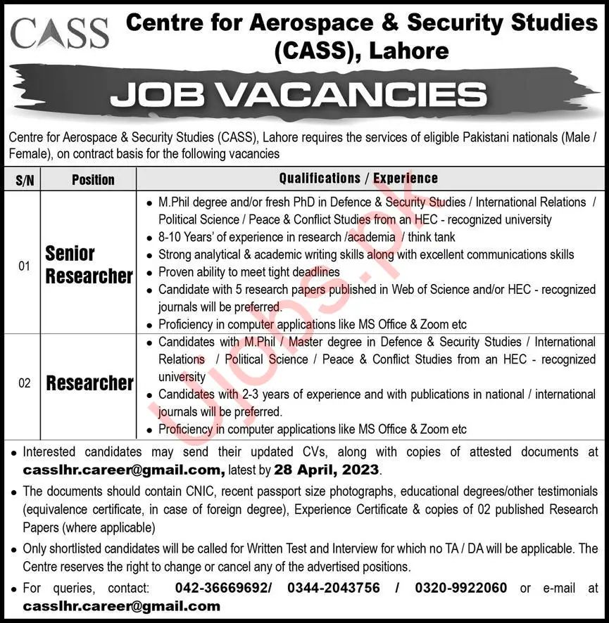 Centre for Aerospace And Security Studies CASS Jobs 2023 Advertisement
