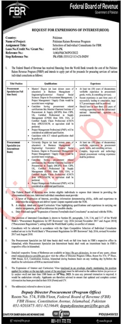 Federal Board of Revenue FBR Jobs 2023 - Latest Advertisements