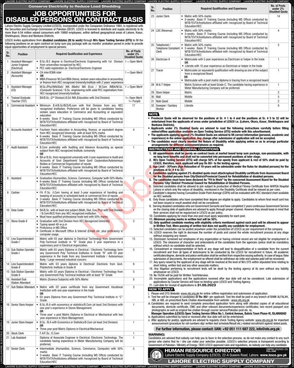 Lahore Electric Supply Company LESCO Jobs 2023 - Ad Advertisements