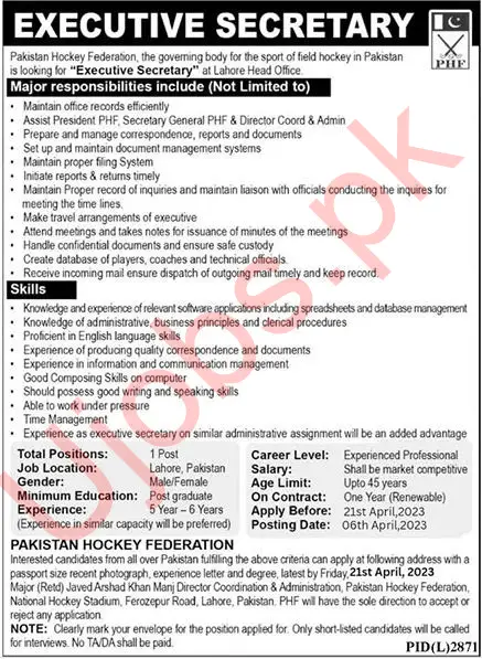 Pakistan Hockey Federation PHF Jobs 2023 Advertisement