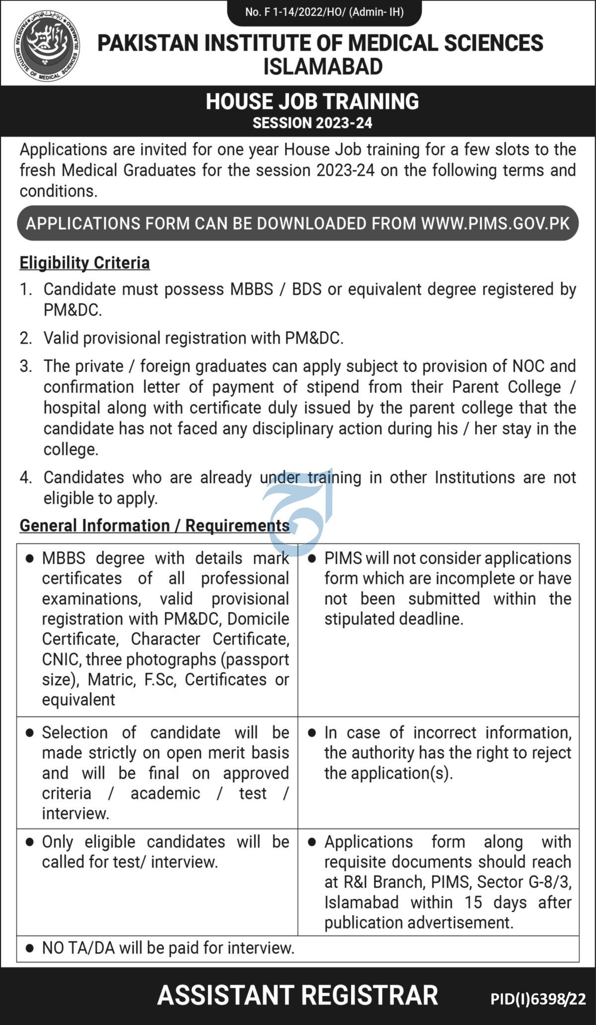 Pims Islamabad Jobs 2023 - Official Advertisement